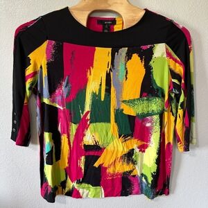 Ali Miles Abstract Print Art To Wear Top 3/4 Sleeve Button Detail Womens Size 1X